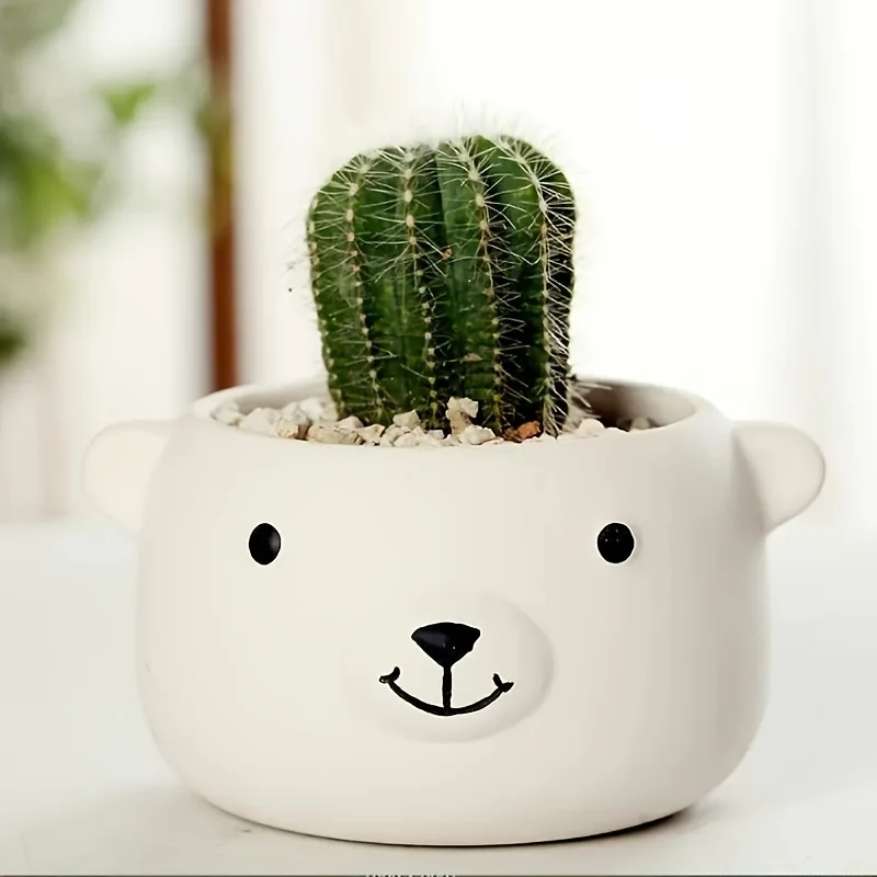 4 Cute Animal Ceramic Flowerpots with Drainage Holes - Retro Cartoon Bear Succulent Plants, Indoor And Outdoor Home Desktop Decorations, Smooth Design