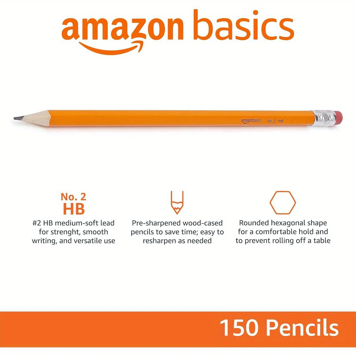 Wood- Cased # 2 Pencils, Pre- sharpened, HB Lead Bulk Box, 150 Count, Yellow