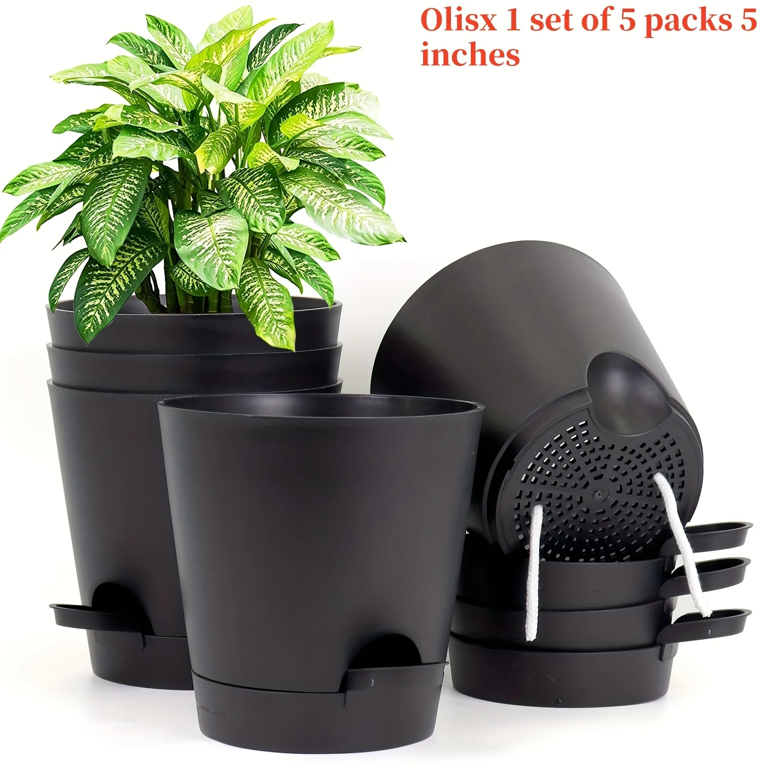 Automatic | Watering Olisx-H1405-5 Set of 5 Automatic Watering Flower Pots | Modern African Violet Pots with Drainage Holes And Trays | Suitable for Home Gardens, 5 Inches (Approximately 12.7 Cm)